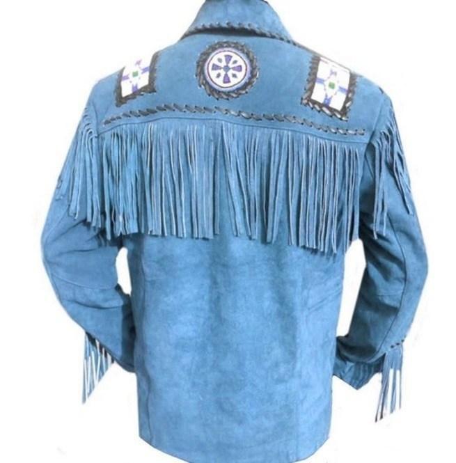 Men's Western Suede Jacket, Blue Cowboy Fringe Suede Jacket