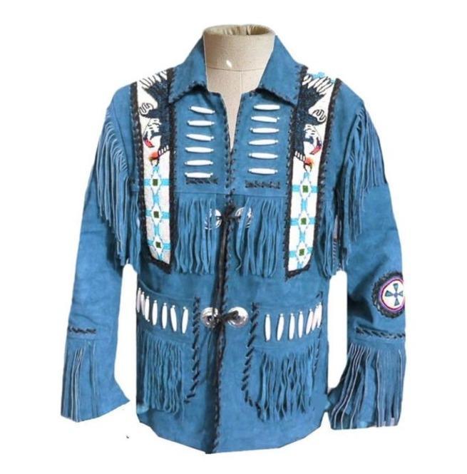 Men's Western Suede Jacket, Blue Cowboy Fringe Suede Jacket