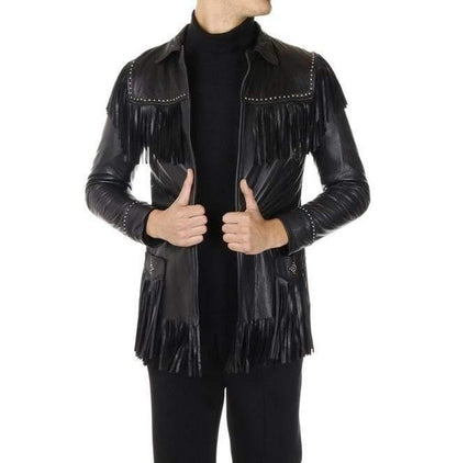 Men's Western Leather Jacket Wear Fringes Beads Native American Cowboy Black Coat