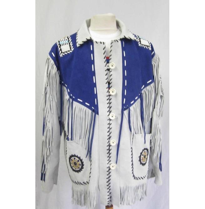 Men's Native American Western Suede Jacket Fringes Beads Cowboy Jacket