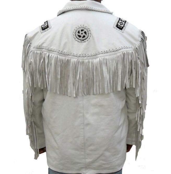 Men's Handmade Western Leather Jacket, Cowboy White Fringe Jacket