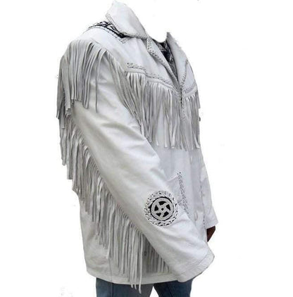 Men's Handmade Western Leather Jacket, Cowboy White Fringe Jacket