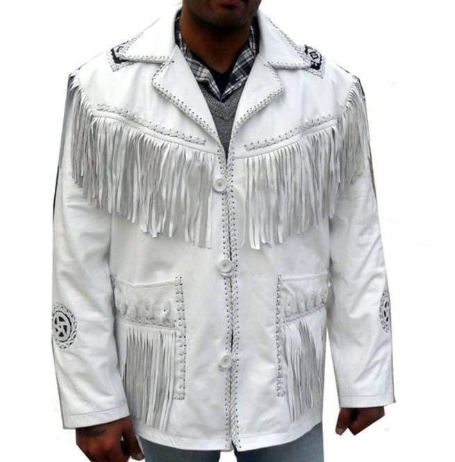 Men's Handmade Western Leather Jacket, Cowboy White Fringe Jacket