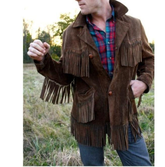 Men's Western Suede Jacket, Dark Brown Cowboy Suede Fringe Jacket