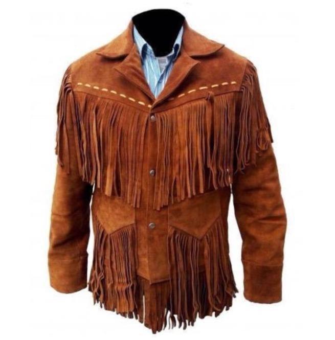 Men's Western Suede Jacket, Tan Color Cowboy Suede Fringe Jacket