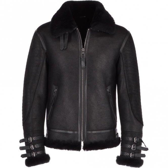 Men's Black Aviator Flying Bomber Shearling Leather Jacket