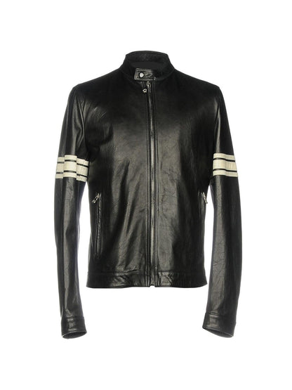Men's Black Leather Jacket With White Strips