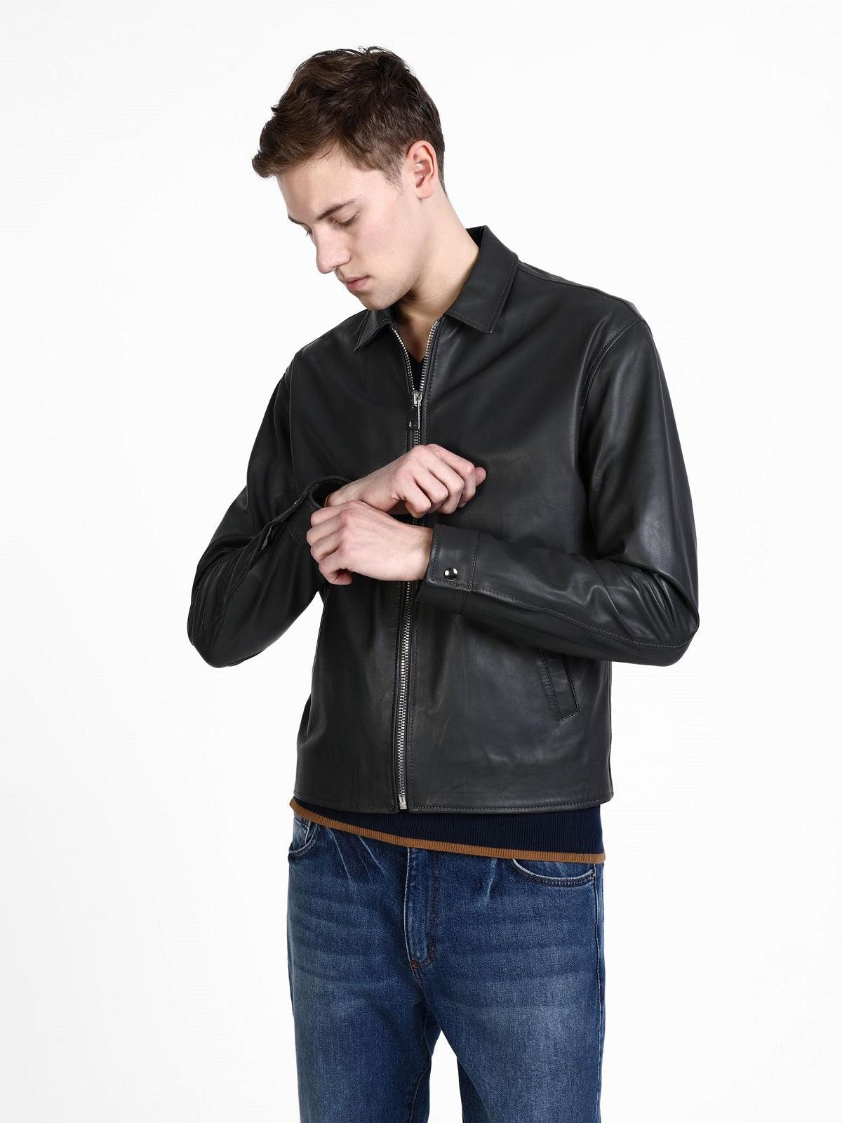 Men's Shirt Leather Jacket In Black