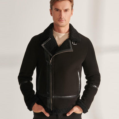 Black Sheepskin Shearling Aviator Leather Jacket For Men