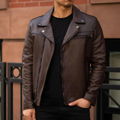 Men's Brown Motorcycle Leather Racer Jacket