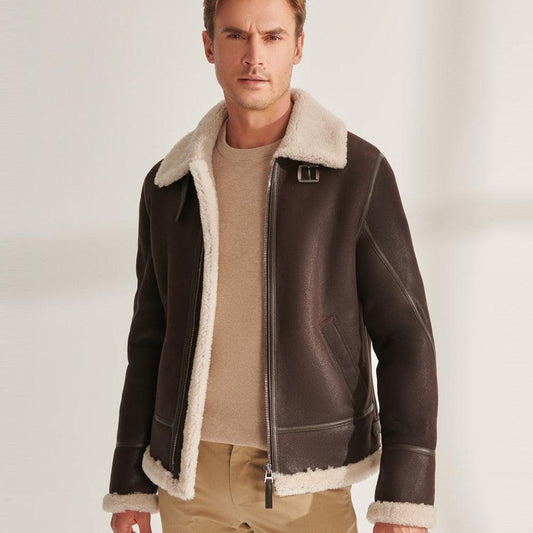 Men Brown Pilot Shearling Aviator Leather Jacket