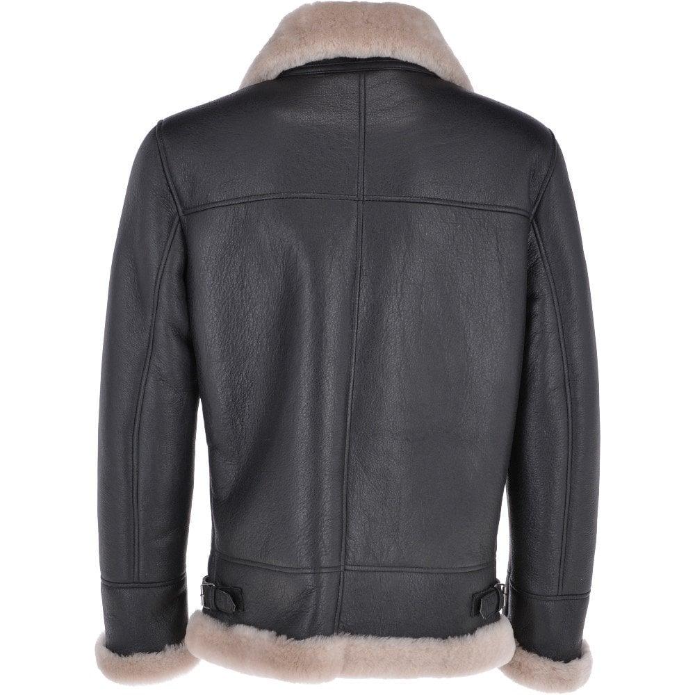 Brown Shearling Real Black Leather Bomber Jacket For Men