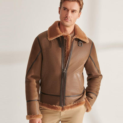 B3 Shearling Camel Brown Aviator Leather Jacket For Men