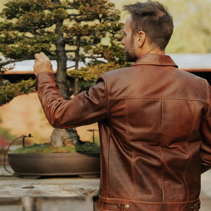 Men's Goatskin Plain Brown Trucker Leather Jacket