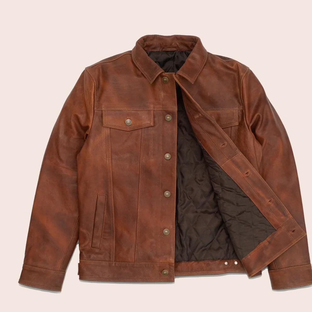 Men's Goatskin Plain Brown Trucker Leather Jacket