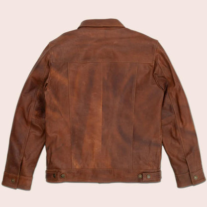 Men's Goatskin Plain Brown Trucker Leather Jacket