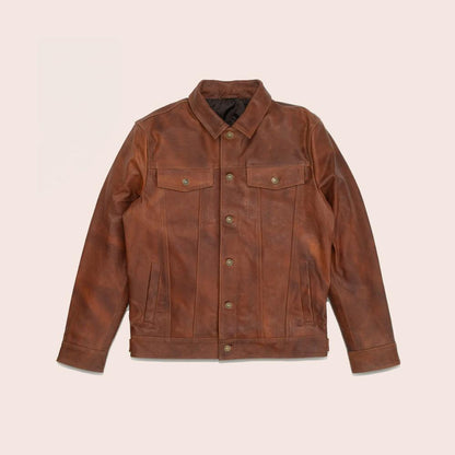 Men's Goatskin Plain Brown Trucker Leather Jacket