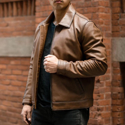 Men's Point Collar Classic Brown Leather Jacket