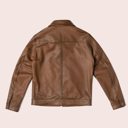 Men's Point Collar Classic Brown Leather Jacket