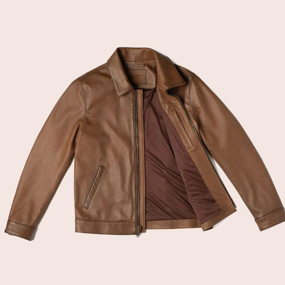 Men's Point Collar Classic Brown Leather Jacket