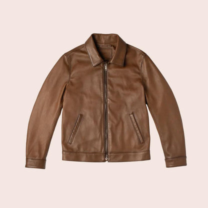 Men's Point Collar Classic Brown Leather Jacket