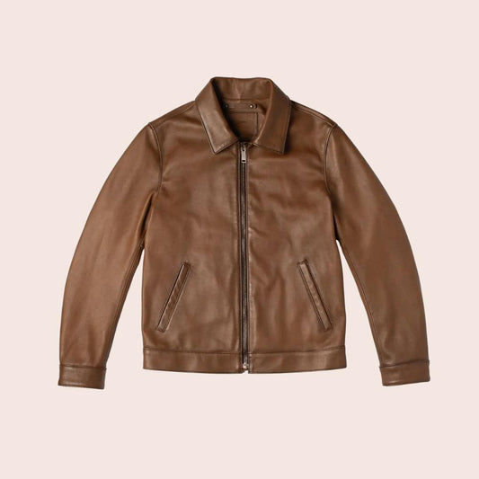 Men's Point Collar Classic Brown Leather Jacket