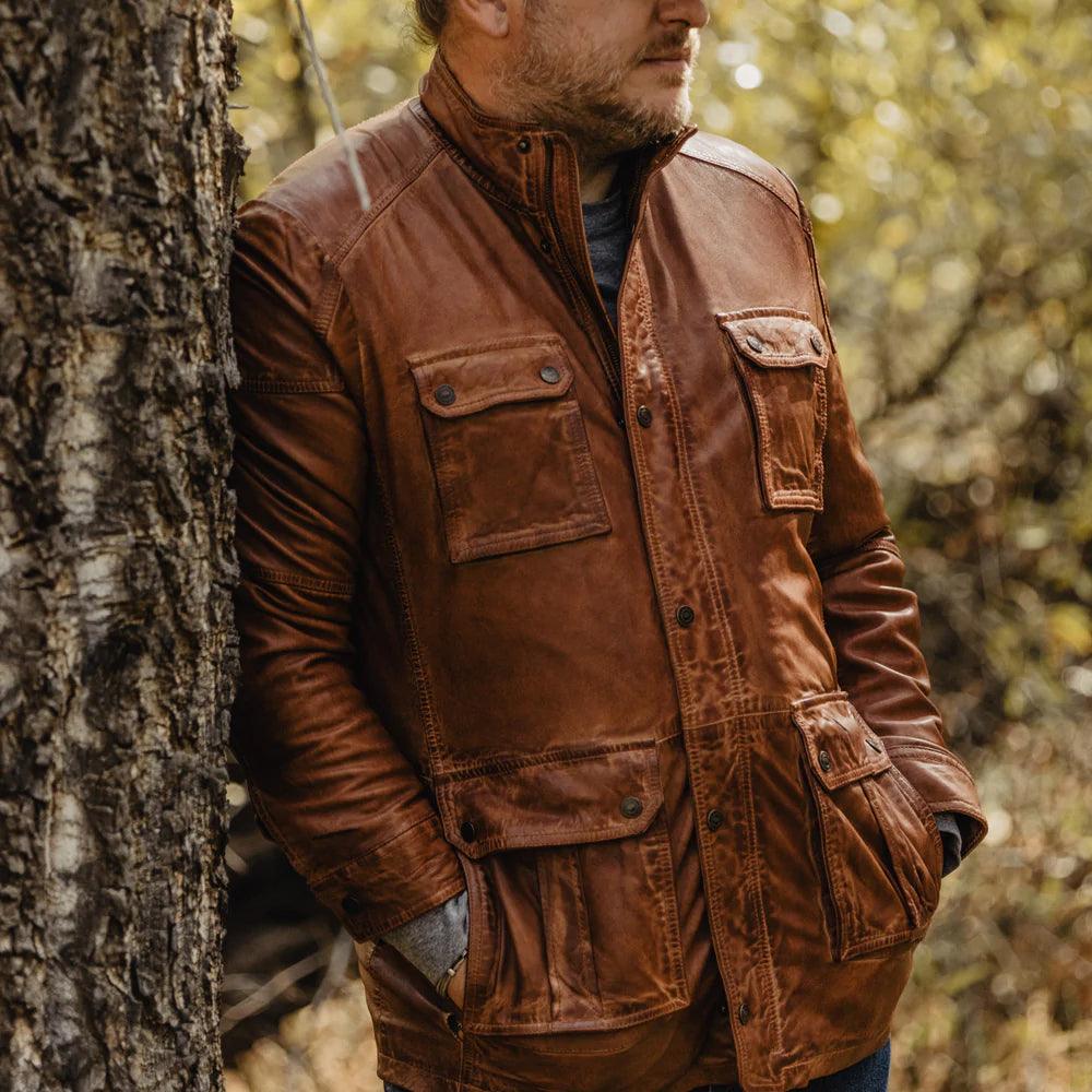 Men's Pure Fine Grain Lambskin Brown Leather Field Jacket