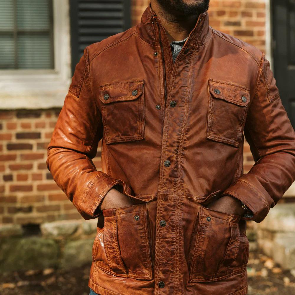 Men's Pure Fine Grain Lambskin Brown Leather Field Jacket