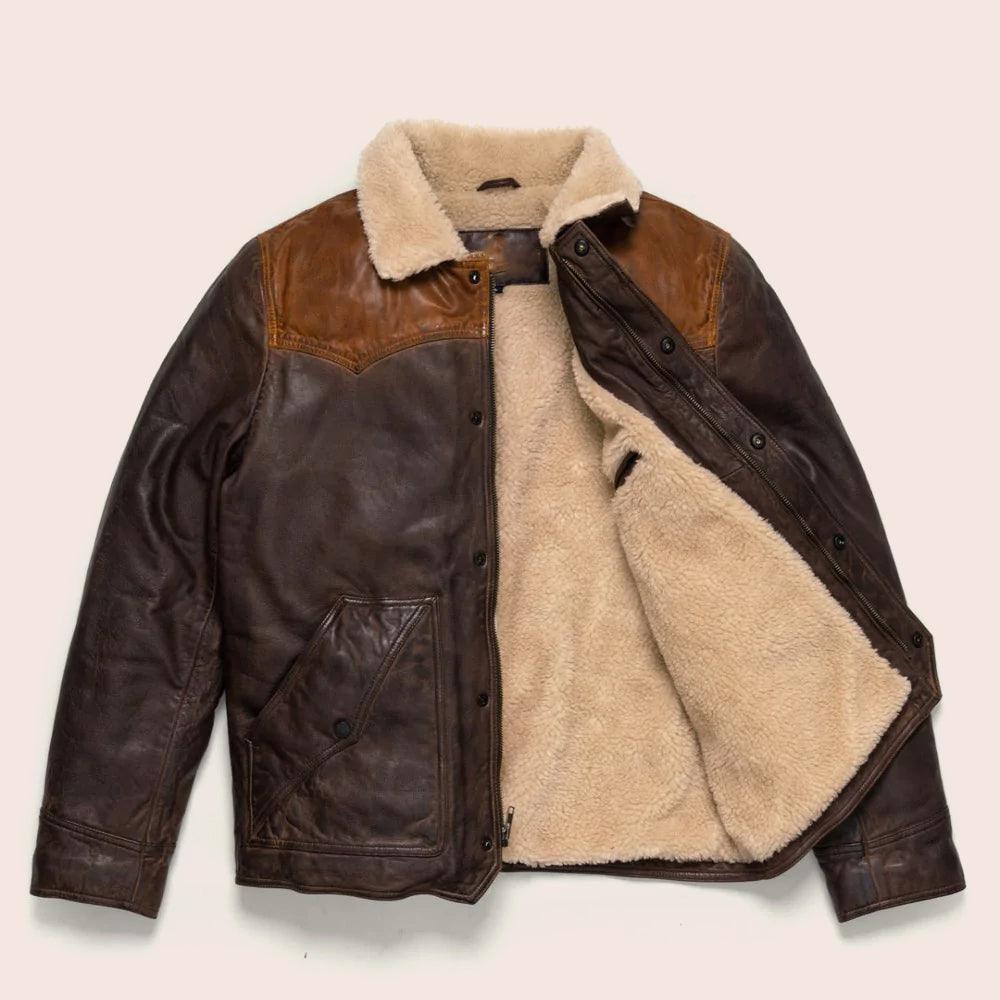 Men's Sheepskin Double Tone Brown Sherpa Western Leather Jacket