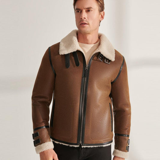 B3 RAF Tan Pilot Shearling Brown Leather Aviator Jacket For Men