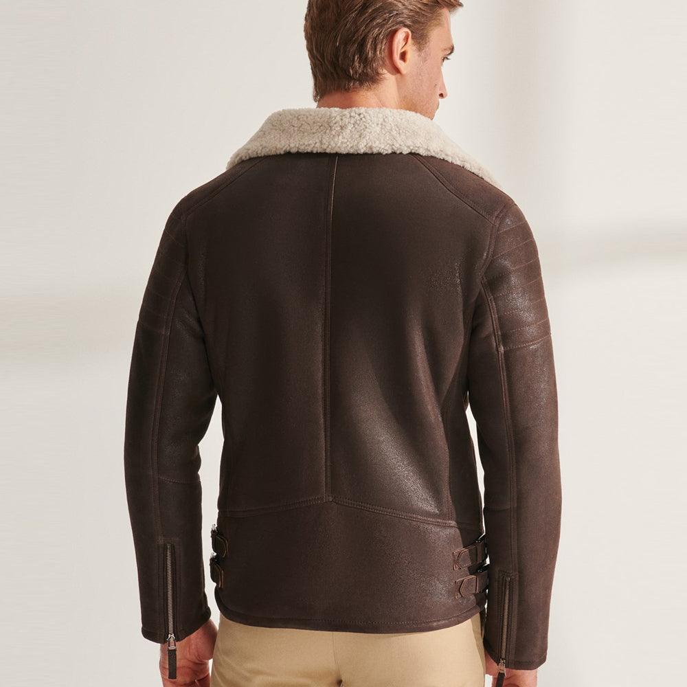 Brown B3 Pilot Sheepskin Shearling Aviator Biker Jacket For Men