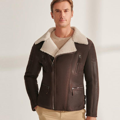 Brown B3 Pilot Sheepskin Shearling Aviator Biker Jacket For Men