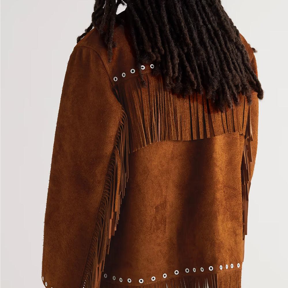 Men's Brown Suede Western Leather Cowboy Jacket with Fringes