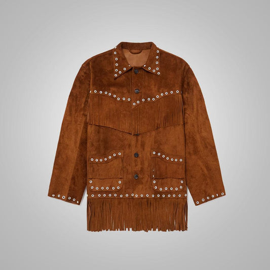 Men's Brown Suede Western Leather Cowboy Jacket with Fringes