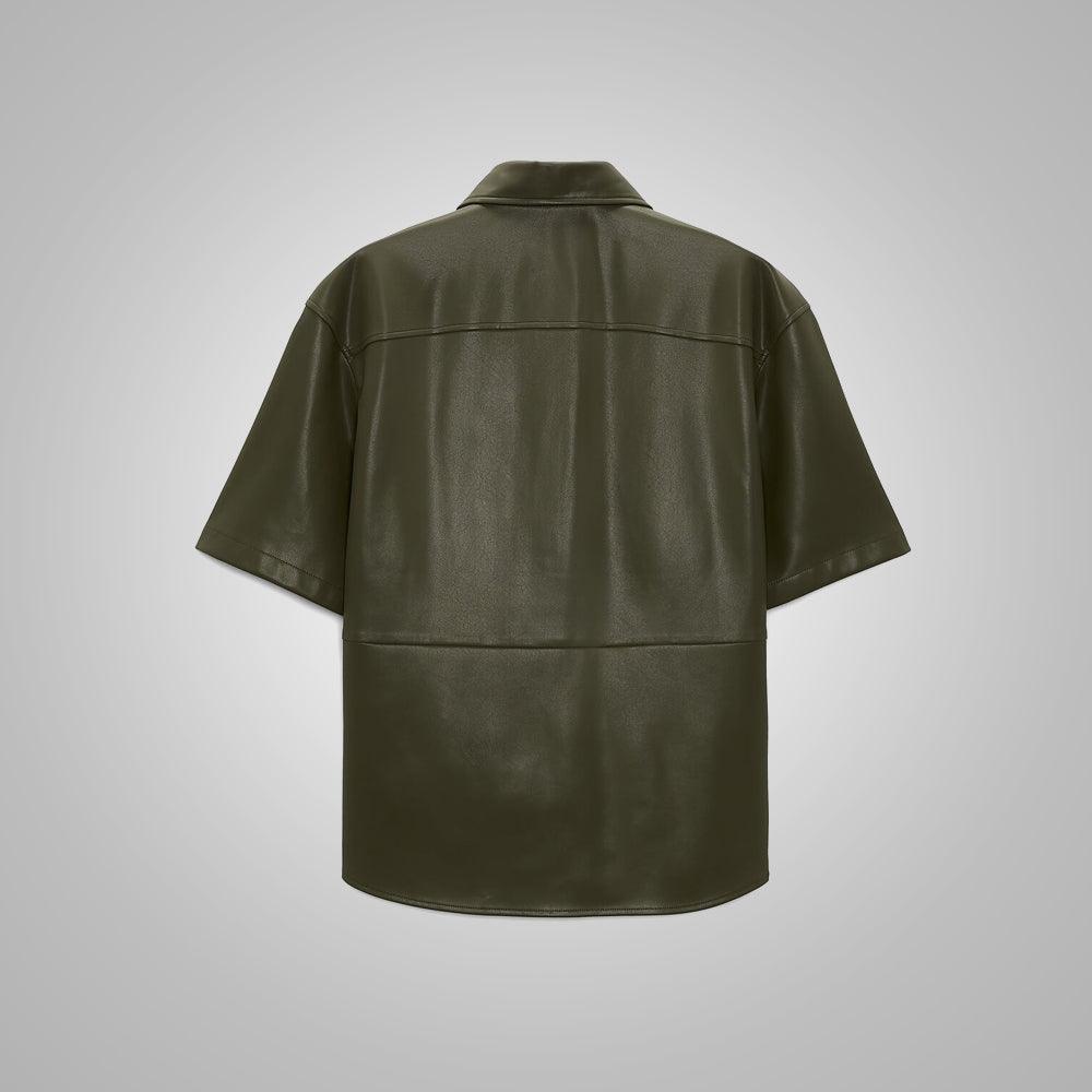 Men's Half Sleeves Leather Shirt In Dark Green
