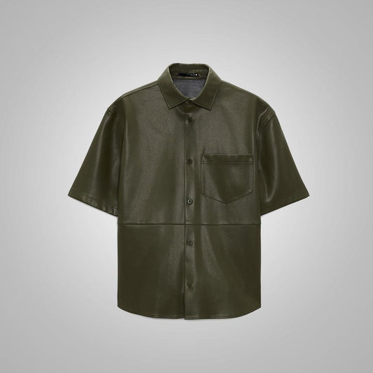 Men's Half Sleeves Leather Shirt In Dark Green