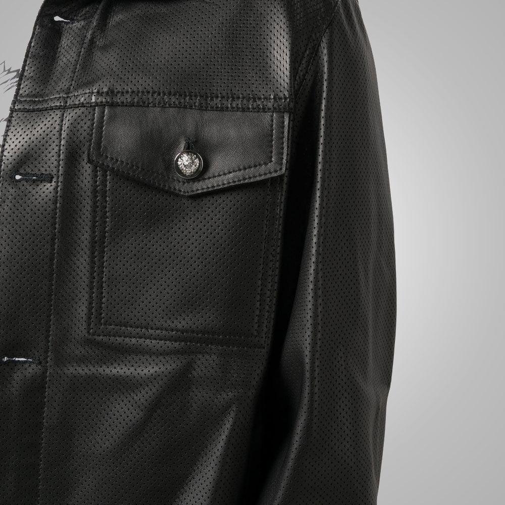 Men's Full Sleeves Dotted Pattern Black Leather Shirt