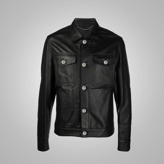 Men's Full Sleeves Dotted Pattern Black Leather Shirt