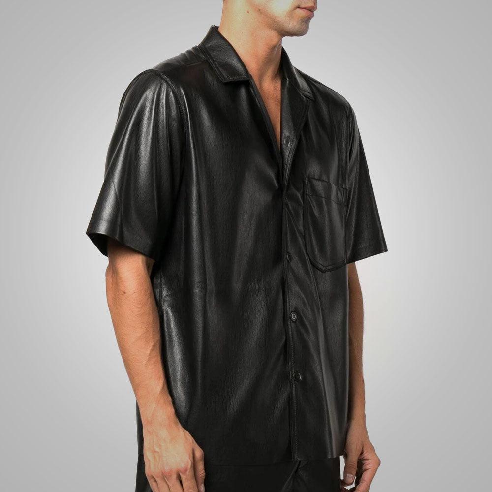 Men's Half Sleeves Fine Grain Black Leather Shirt