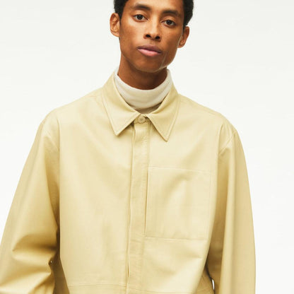 Off White Full Sleeves Normal Fit Leather Shirt For Men