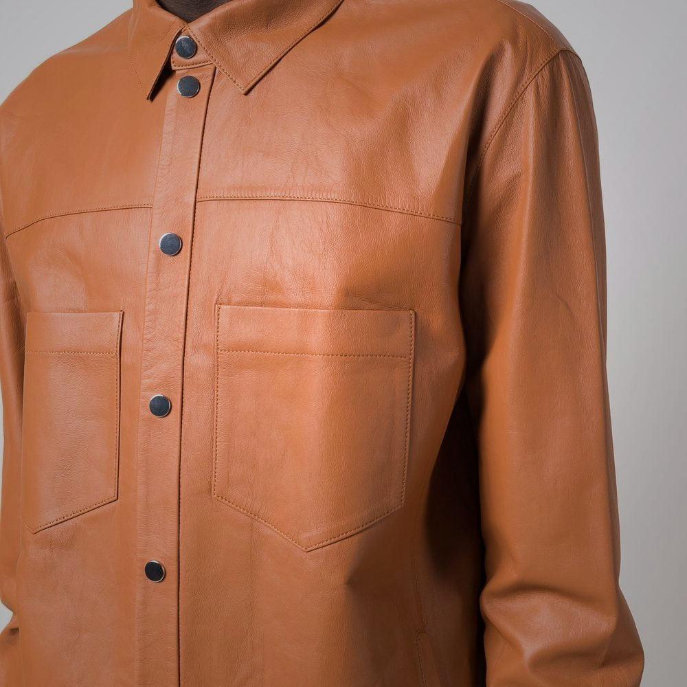 Snap Button Closure Brown Leather Shirt For Men