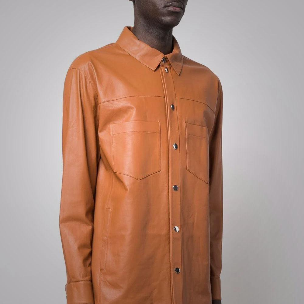 Snap Button Closure Brown Leather Shirt For Men