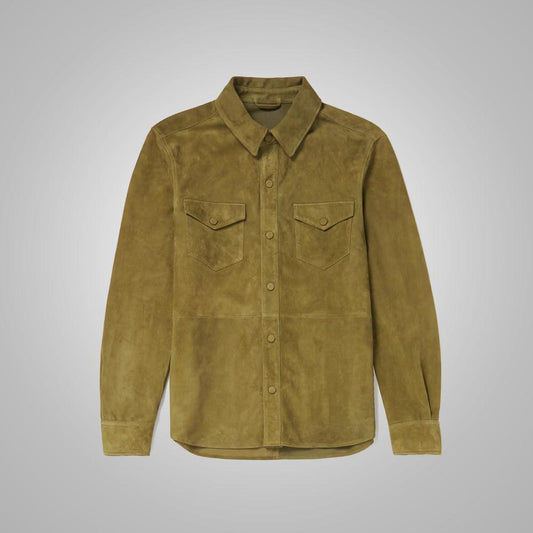Suede Green Full Sleeves Leather Shirt For Men