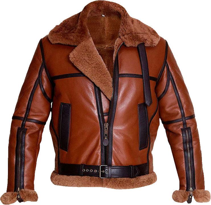 Men's Aviator Brown Bomber Leather Jacket With Fur