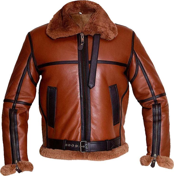 Men's Aviator Brown Bomber Leather Jacket With Fur