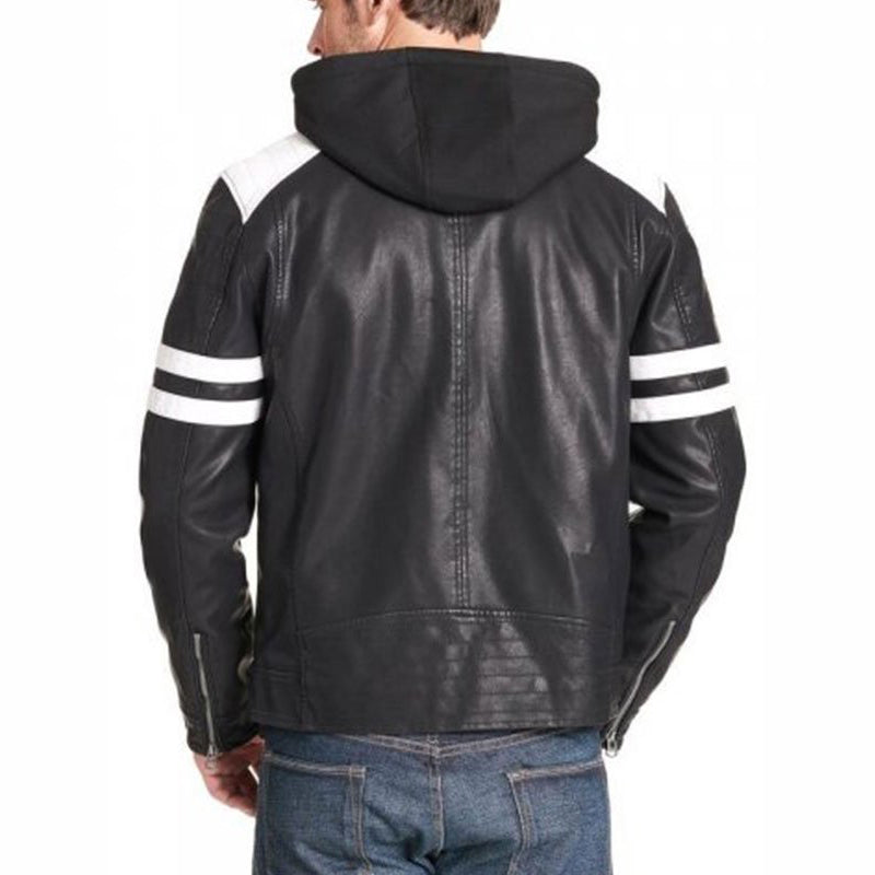 Mens Black Leather Motorcycle Jacket with Hoodie