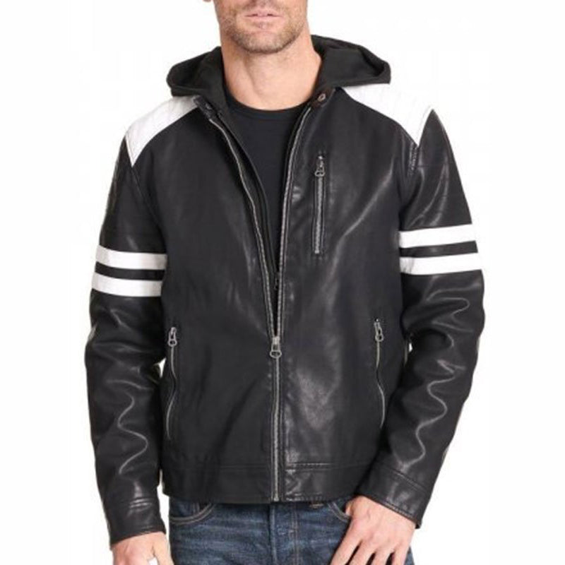 Mens Black Leather Motorcycle Jacket with Hoodie