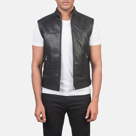 Black Leather Motorcycle Vest For Men