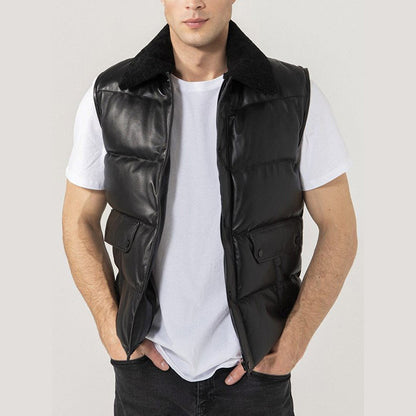 Mens Black Leather Puffer Vest