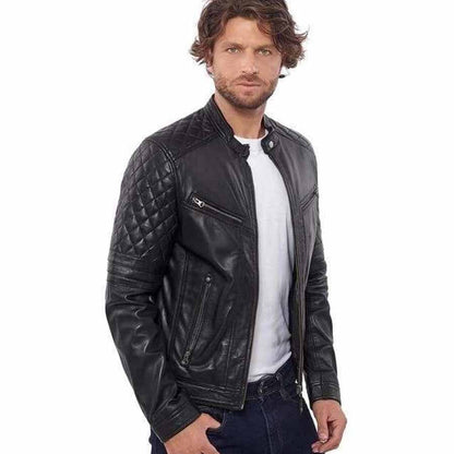 Mens Black Quilted Leather Biker Jacket